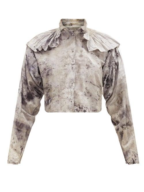 Matchesfashion.com Mimi Prober - Chauncey Ruffle-shoulder Organic-cotton Blouse - Womens - Grey Multi