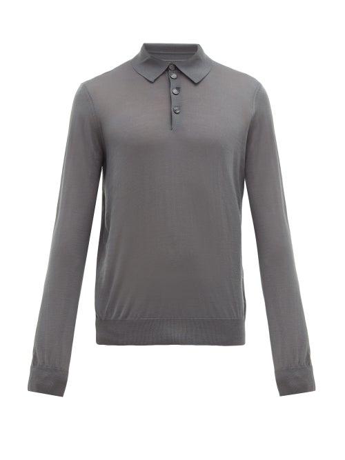 Matchesfashion.com Giorgio Armani - Long Sleeve Knitted Wool Polo Shirt - Mens - Grey