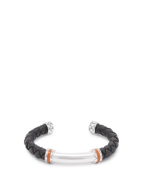 Matchesfashion.com Bottega Veneta - Intrecciato Leather And Sterling Silver Cuff - Mens - Black