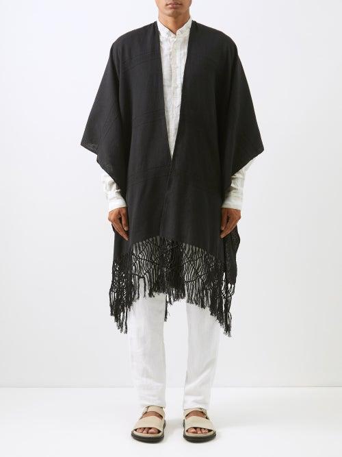 Thorsun - Embroidered Fringed Shawl - Mens - Black