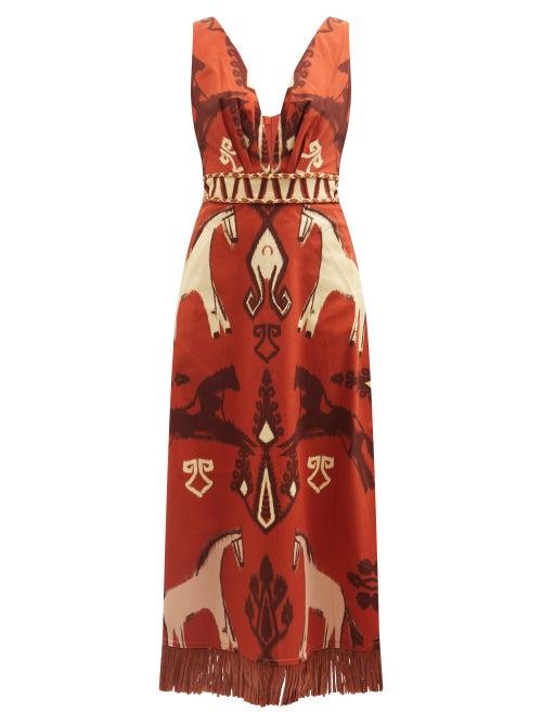 Johanna Ortiz - En Busca Del Tiempo Print Silk Midi Dress - Womens - Red