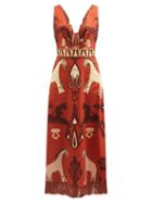 Johanna Ortiz - En Busca Del Tiempo Print Silk Midi Dress - Womens - Red