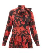 Matchesfashion.com Valentino - High Neck Floral Print Silk Blouse - Womens - Black Red