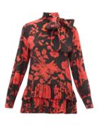 Matchesfashion.com Valentino - High Neck Floral Print Silk Blouse - Womens - Black Red