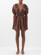 Matteau - Plunge-neck Floral Organic-cotton Mini Dress - Womens - Brown Print