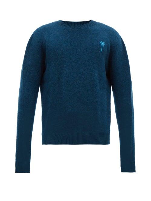 Matchesfashion.com The Elder Statesman - Palm Tree Embroidered Cashmere Sweater - Mens - Blue