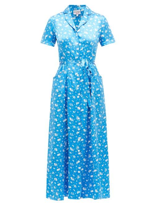 Matchesfashion.com Hvn - Long Maria Zodiac-print Silk Dress - Womens - Blue Print
