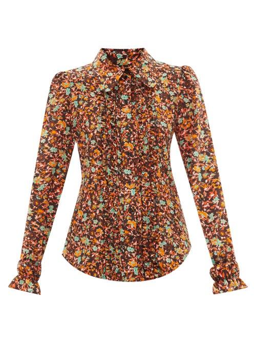 Victoria Beckham - Floral-print Ruffled Silk Blouse - Womens - Brown Multi
