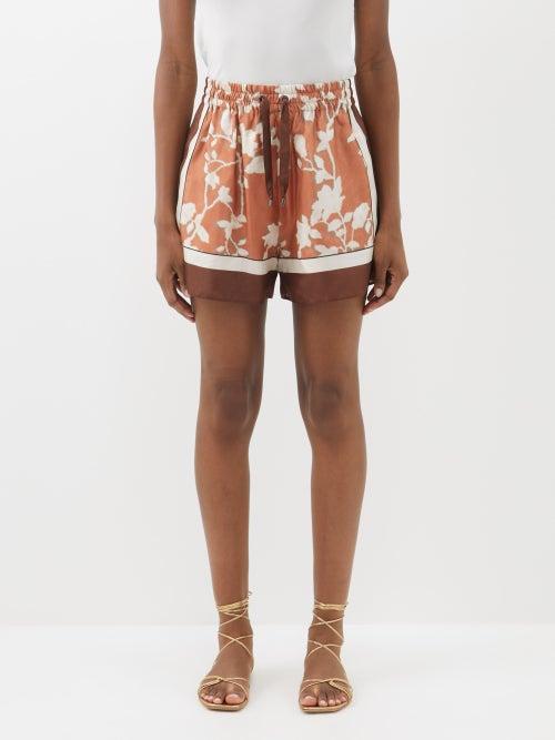Brunello Cucinelli - Floral-print Silk-faille Shorts - Womens - Orange Multi