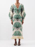 Johanna Ortiz - Mother Continent Palm-print Fringed Linen Dress - Womens - Green Print