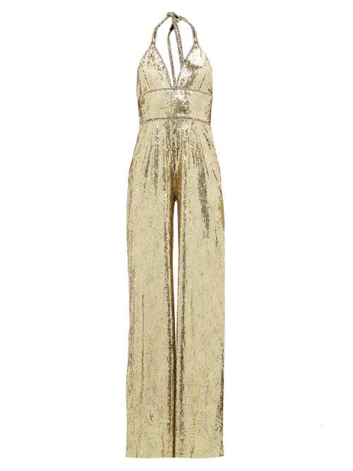 Matchesfashion.com Dundas - Sequinned And Crystal Trim Halterneck Jumpsuit - Womens - Gold