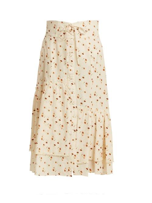 Matchesfashion.com Sea - Margaux Floral Print Ruffled Cotton Midi Skirt - Womens - Ivory Multi