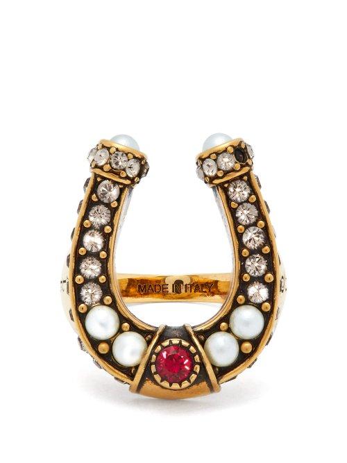 Matchesfashion.com Alexander Mcqueen - Faux Pearl And Crystal Embellished Horseshoe Ring - Womens - Gold