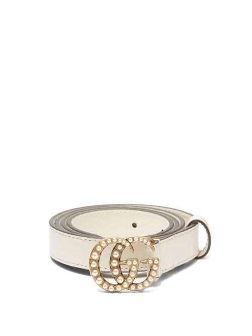 Matchesfashion.com Gucci - Faux Pearl Embellished Gg Logo 2cm Leather Belt - Womens - Cream