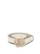 Matchesfashion.com Gucci - Faux Pearl Embellished Gg Logo 2cm Leather Belt - Womens - Cream