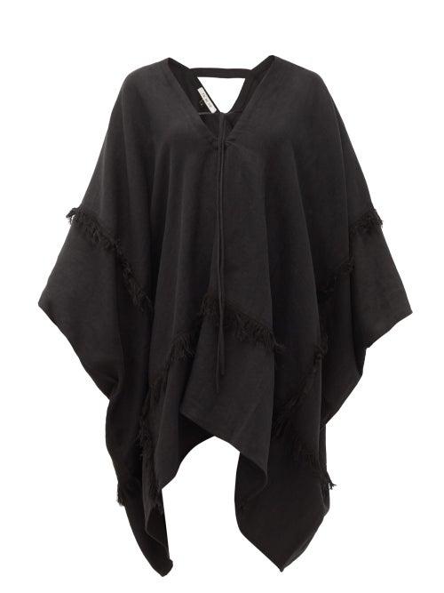 Matchesfashion.com Fil De Vie - Zadie Fringed Linen-canvas Mini Kaftan - Womens - Black