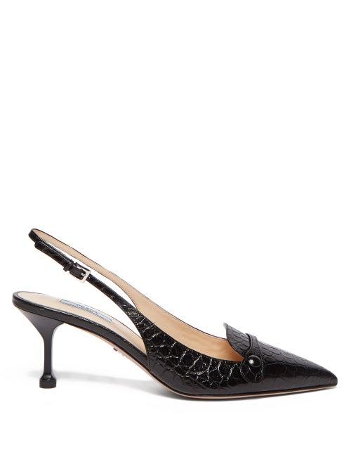 Matchesfashion.com Prada - Crocodile Effect Slingback Leather Pumps - Womens - Black