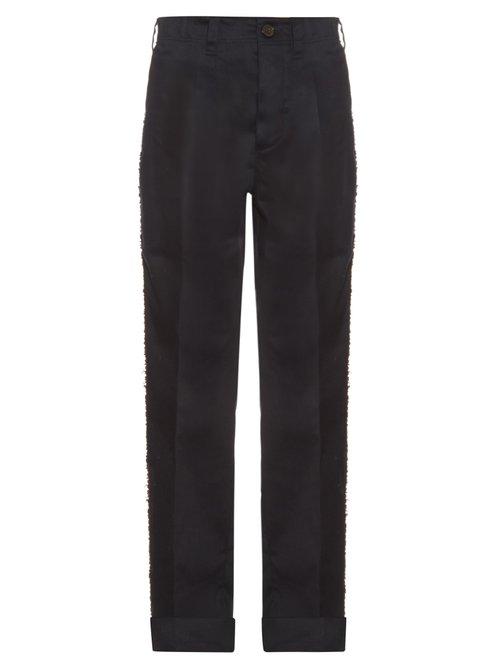 Matchesfashion.com Mafalda Von Hessen - Embellished Stripe Wide Leg Cotton Blend Trousers - Womens - Navy