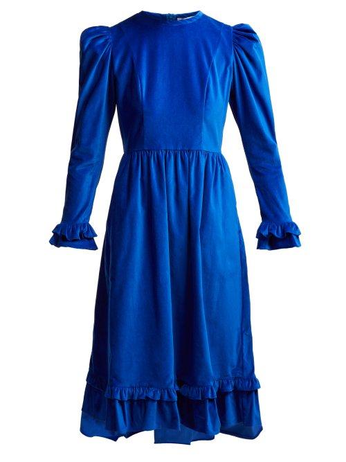 Matchesfashion.com Batsheva - Ruffled Cotton Velvet Midi Dress - Womens - Blue