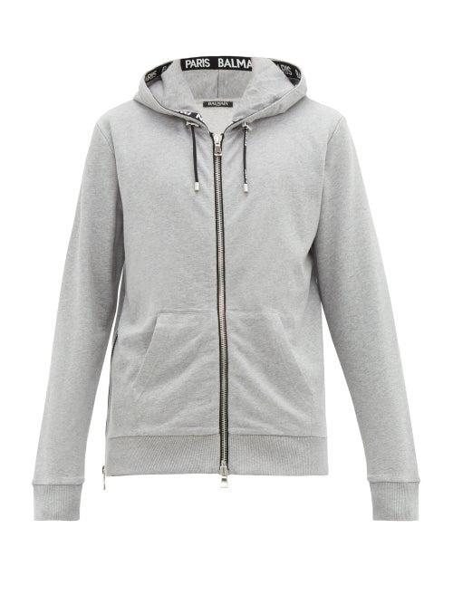 Matchesfashion.com Balmain - Logo Jacquard Cotton Blend Hooded Sweatshirt - Mens - Grey