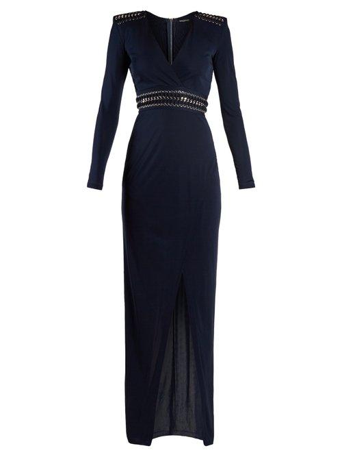 Matchesfashion.com Balmain - V Neck Eyelet Embellished Jersey Maxi Dress - Womens - Navy