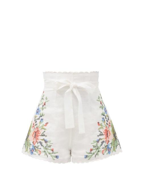 Matchesfashion.com Zimmermann - Juliette High-rise Cross-stitched Linen Shorts - Womens - White Multi