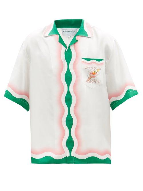 Casablanca - Table Tennis-print Short-sleeved Silk Shirt - Mens - White Multi