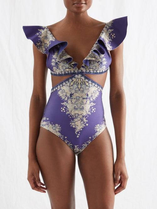 Zimmermann - Flounced-neck Cutout Floral-print Swimsuit - Womens - Blue Multi