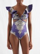 Zimmermann - Flounced-neck Cutout Floral-print Swimsuit - Womens - Blue Multi
