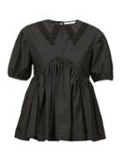 Matchesfashion.com Cecilie Bahnsen - Mie Lace-trimmed Collar Flared Poplin Top - Womens - Black