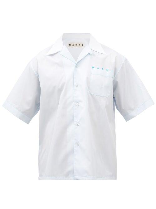 Marni - Logo-print Contrast-stitch Cotton-poplin Shirt - Mens - Light Blue