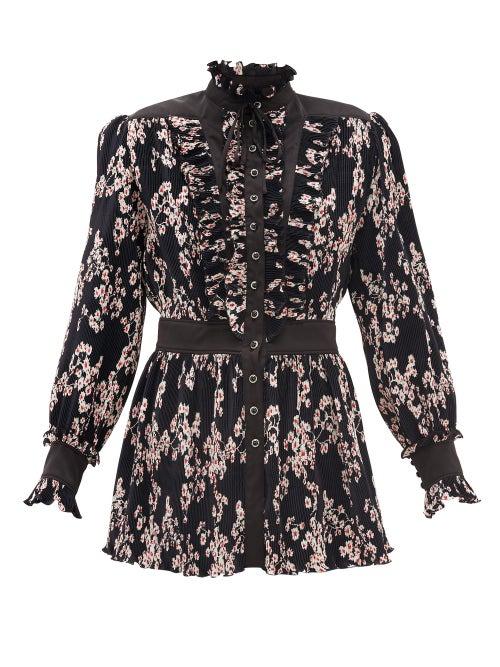 Matchesfashion.com Paco Rabanne - Floral-print Pliss-satin Blouse - Womens - Black Multi