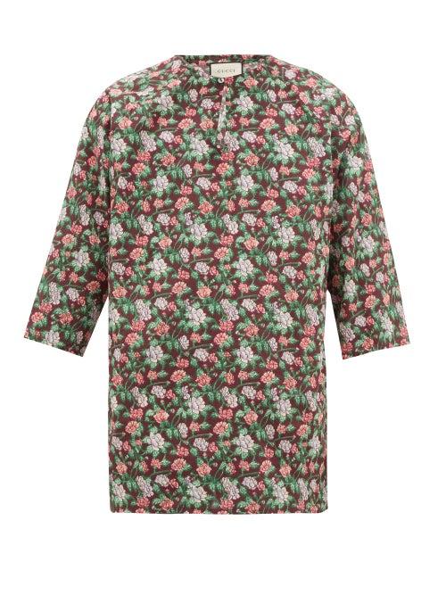 Matchesfashion.com Gucci - Floral-print V-neck Cotton Tunic - Mens - Green Multi