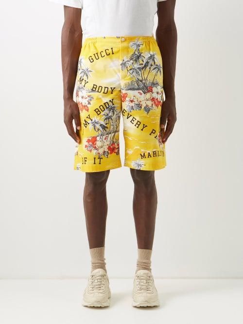 Gucci - Palm-print Cotton Shorts - Mens - Yellow Multi