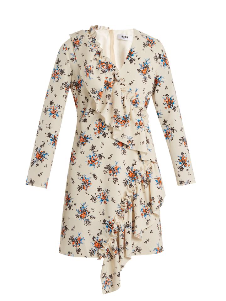 Msgm Asymmetric-ruffle Floral-print Crepe Dress