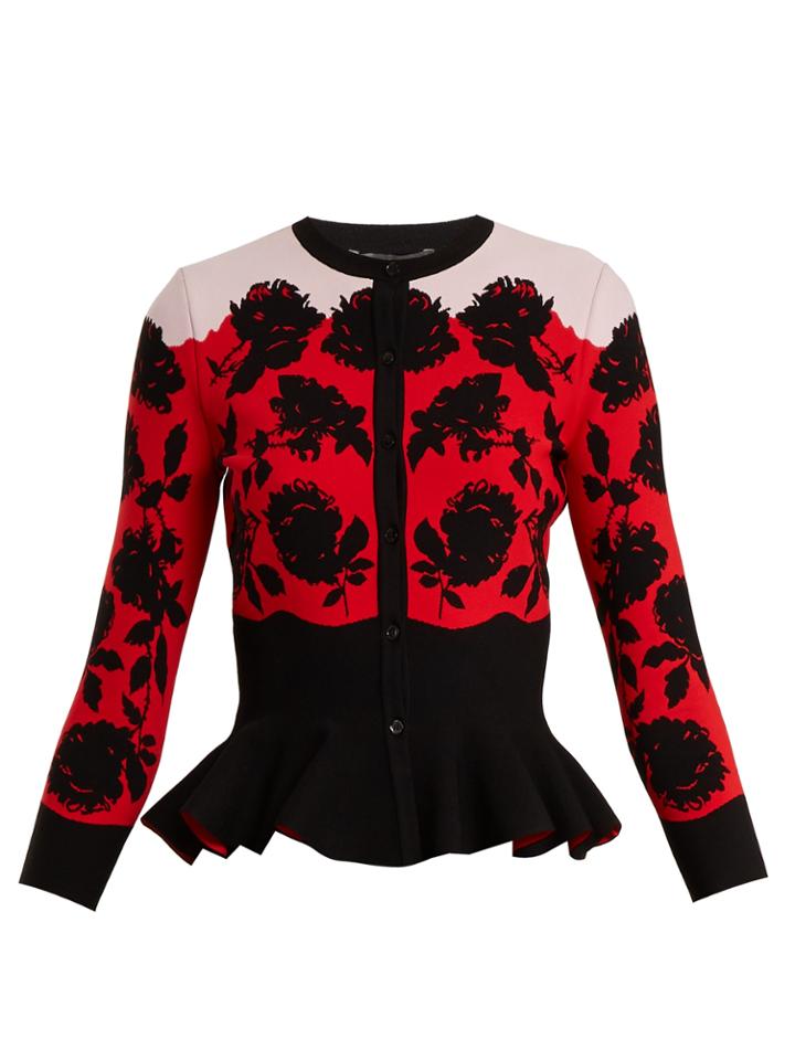 Alexander Mcqueen Rose-intarsia Peplum Cardigan