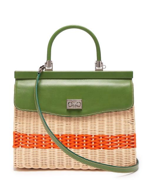 Matchesfashion.com Rodo - Leather And Wicker Top Handle Bag - Womens - Green Multi