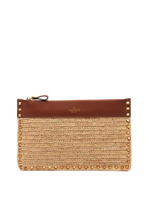 Valentino Garavani - Rockstud Leather-trim Raffia Pouch - Womens - Tan Multi