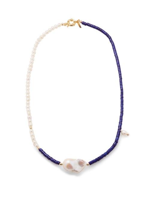 Liou - Reims Pearl, Lapis & 14kt Gold-plated Necklace - Mens - Pearl
