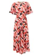 Raey - Godet Short-sleeve Falling Leaves Print Silk Dress - Womens - Pink Multi