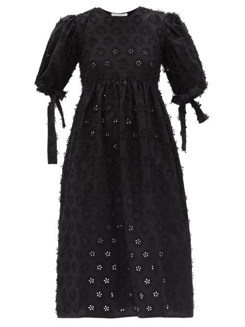 Matchesfashion.com Cecilie Bahnsen - Hailey Flower-appliqu Cotton-blend Midi Dress - Womens - Black