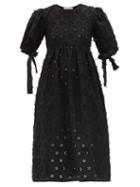 Matchesfashion.com Cecilie Bahnsen - Hailey Flower-appliqu Cotton-blend Midi Dress - Womens - Black