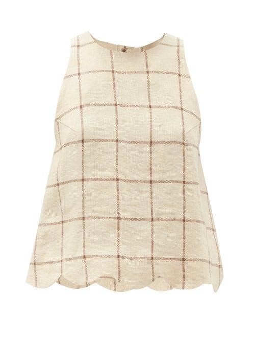 Ladies Beachwear Lisa Marie Fernandez - Scalloped-edged Checked Linen-blend Tweed Top - Womens - Beige