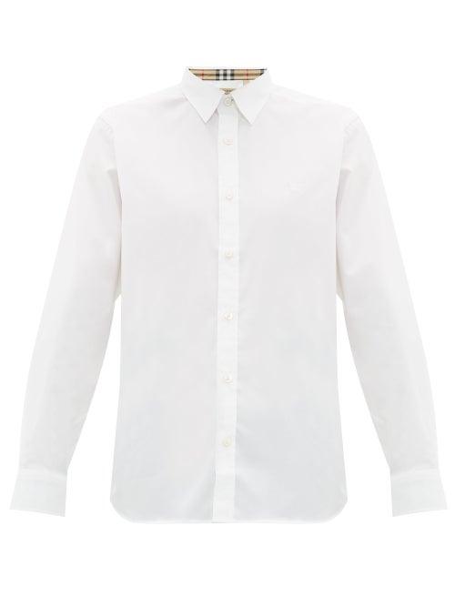 Matchesfashion.com Burberry - William Logo Embroidered Cotton Blend Poplin Shirt - Mens - White