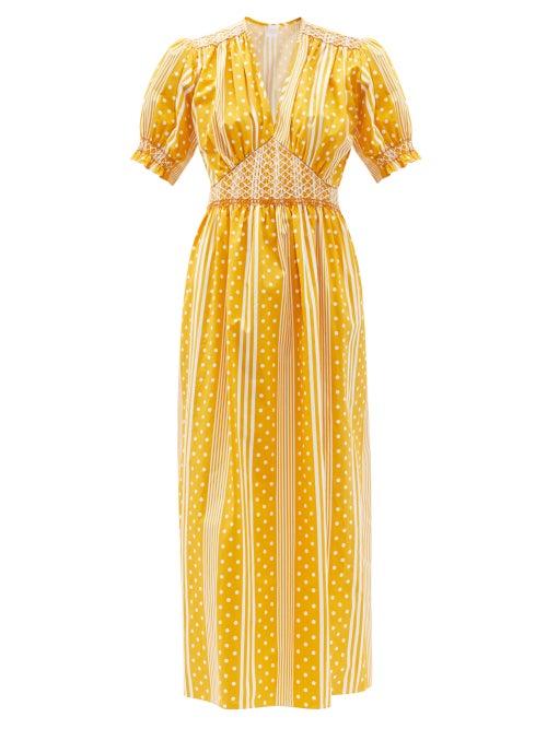 Ladies Beachwear Loretta Caponi - Marina Shirred Cotton-poplin Midi Dress - Womens - Yellow