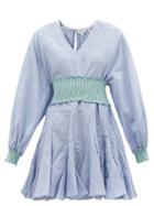 Ladies Beachwear Rhode - Ella Flared Striped Cotton-blend Hopsack Dress - Womens - Blue Stripe