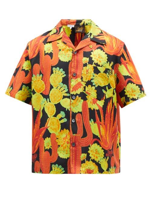 Loewe Paula's Ibiza - Cactus-print Silk-twill Shirt - Mens - Black Yellow