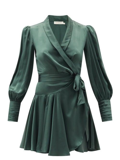 Matchesfashion.com Zimmermann - Bishop-sleeve Silk Wrap Mini Dress - Womens - Green