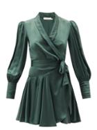 Matchesfashion.com Zimmermann - Bishop-sleeve Silk Wrap Mini Dress - Womens - Green