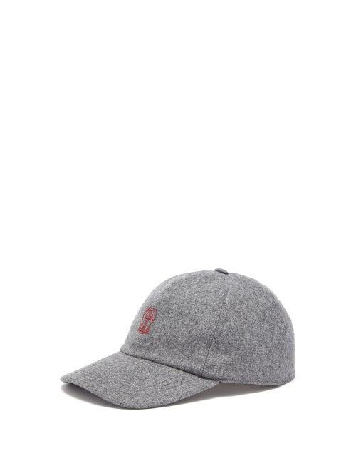 Brunello Cucinelli - Crest-embroidered Wool-flannel Cap - Mens - Grey